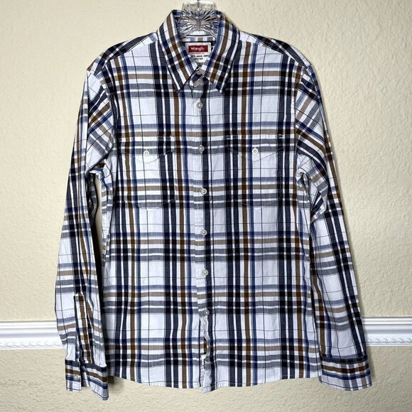 Wrangler Men's Small Long Sleeve Button Down Brown Blue White Strip Casual Dress - Picture 1 of 7